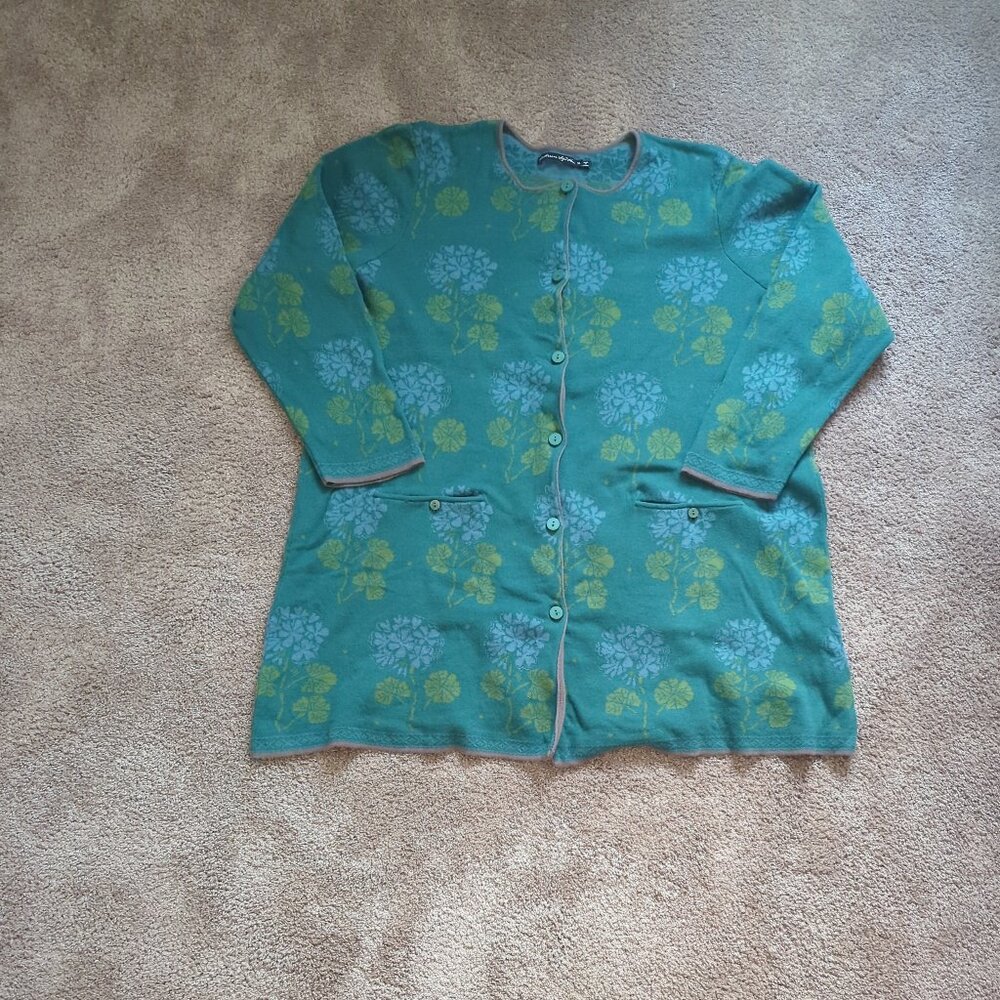 Gudrun Sjoden Marbacka Cardigan Long Sweater Organic Cotton XL Green Blue